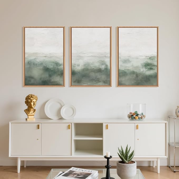 Large Abstract Sage Green Framed Canvas Wall Art,Neutral White and Grey Wall Decor,Modern Pastel Wall Painting,Illustrations Artwork for Living Room,Bedroom,Dining Room,Office -24"x36"x3
