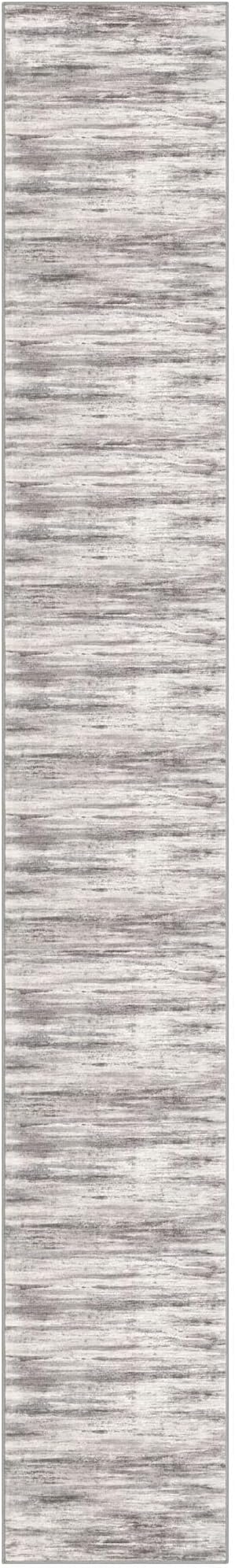 KOZYFLY Modern Abstract Washable Rug Runner 2.6x18 Hallway Rug Runner Non-Slip Soft Kitchen Runner Rugs, Grey-Beige Striped Carpet for Entryway Bathroom Laundry Room Foyer