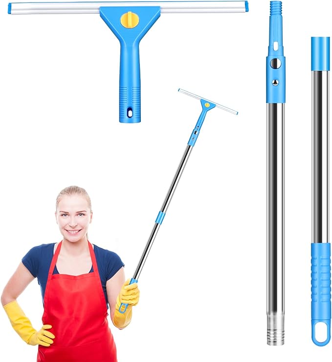 10Ft Window Washing Kit with Extension Pole(Thickened), Window Cleaning Kit with 14" Squeegee & 15" Scrubber (2 Brush Covers), Window Cleaner Tool Washing Equipment for Outdoor High Windows Glass
