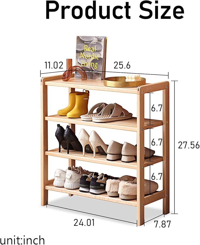 4 Tier Solid Wood Shoe Rack, Free Standing Shoe Rack for Entryway, Hallway, Closet, Living Room, Beech Wood, 11.02" x 25.6" x 27.56", Natural