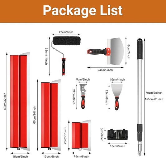 DEKEones Drywall Skimming Tools Set with 10”24”32” Skimming Blades, a Paint Roller, a Extension Pole and 3 Kinds of Putty Knife Tools for Smoothing Wall and Ceiling