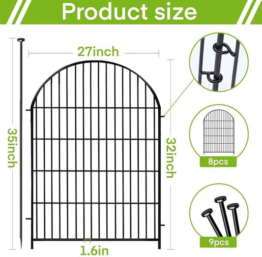 ADAVIN Garden Fence Animal Barrier with Gate 32 in(H)×17.5 Ft(L) 8 Panels,Rustproof Metal Wire Tall Fencing Border for Dogs Rabbits,Outdoor no dig pet Fences,Black Flower Edging for Yard,Arched