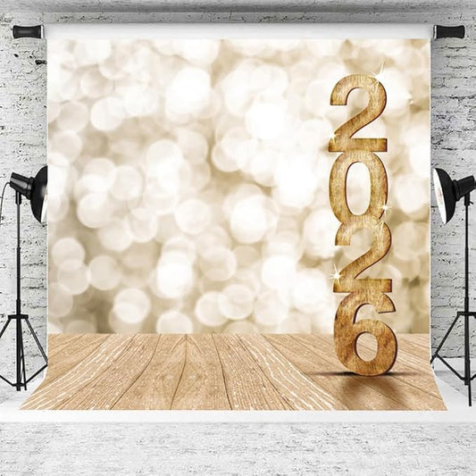 Leyiyi Happy New Year 2026 Background 8x8ft Photography Backdrops Wooden Bokeh Light Spot Dreamy Paillette Twinkle New Year Eve Christmas Family Party Adults Shooting Props