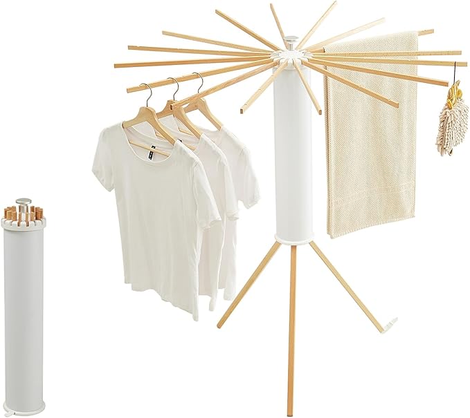 JOOM Tripod Clothes Drying Rack, Garment Rack Portable and Foldable Space Saving Laundry Drying Rack - Drying Rack Clothing Floor Folding Balcony Bedroom Household Wooden