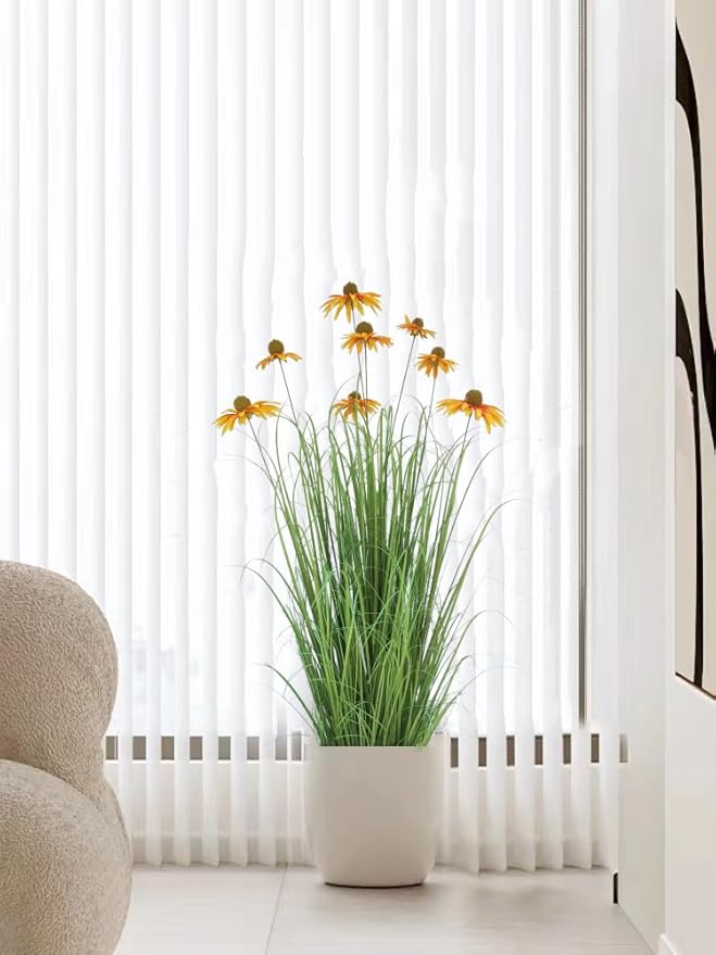 Artificial Grass Plant with Yellow Echinacea Flowers, 57 inches, Indoor/Outdoor Decor, Set of 2
