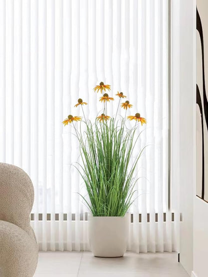 46" UV Resistant Artificial Grass Plant with 9 Realistic Yellow Echinacea Flowers - Indoor/Outdoor Fake Plants for Patio, Living Room, Porch Decor - All Weather Faux Floor Plant 2-Pack