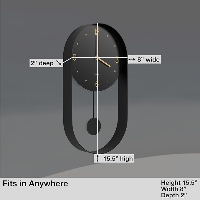 Driini Modern Pendulum Wall Clock - Decorative and Unique Metal Frame, with 8 Inch Face - Contemporary, Minimalist Design, with Silent Battery Operation - Includes Both Black and Gold Pendelum