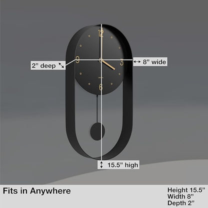 Driini Modern Pendulum Wall Clock - Decorative and Unique Metal Frame, with 8 Inch Face - Contemporary, Minimalist Design, with Silent Battery Operation - Includes Both Black and Gold Pendelum