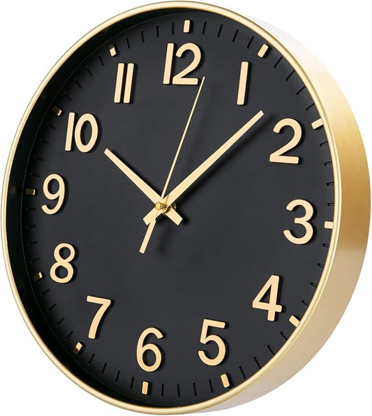 HZDHCLH Black Wall Clocks Battery Operated,12 inch Silent Non Ticking Modern Clock for Wall, 3D Numbers Wall Clock for Kitchen Bedroom Living Room Office Classroom Decor (Black-Gold)