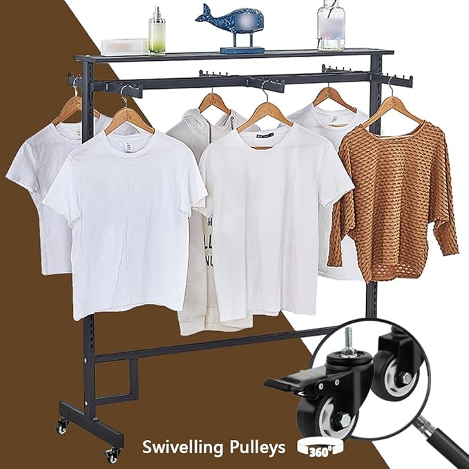 Black Clothing Racks with Removable 6/8 Arms Floor Standing Metal Garment Rack with Wheels Heavy Retail Display Racks Shirt Clothes Display Stand for Boutiques (59 * 19.6 * 61.02in)
