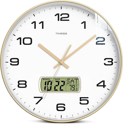 Wall Clock, 12" Dial Non-Ticking Silent Battery Operated Analog with LCD Display for Perpetual Calendar and F° Temperature, Ideal Modern Home, Bedroom, Kitchen, Office Decor (Gold)