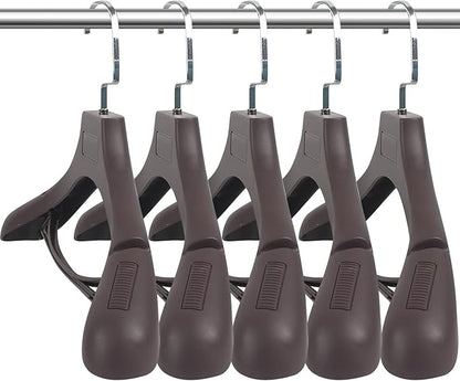 DEDU Suit Hangers for Men 10 Pack, Brown Coat Hangers Extra Wide Non Slip Width 17.7", Thick Plastic with Pants Bar & Metal Hook
