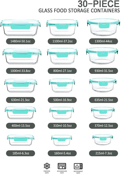 M MCIRCO 30 Pieces Glass Food Storage Containers with Upgraded Snap Locking Lids,Glass Meal Prep Set - Airtight Lunch Containers, Microwave, Oven, Freezer and Dishwasher Friendly (Green)