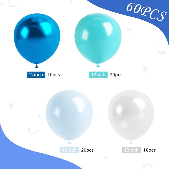 Teal Blue Clear Balloon, 60 Pcs 12 Inches Metallic Blue Cartoon Theme Balloon Garland Arch Kit for Kids Baby Shower Anniversary Engagement Birthday Wedding Graduation Party Decorations