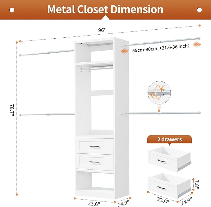 78.7" H Metal Closet System with 2 Drawers, 4.6-7.8 FT Closet Organizer with 5 Hanging Rods, Walk In Closet Organizer System, Built-in Wardrobe Clothes Rack