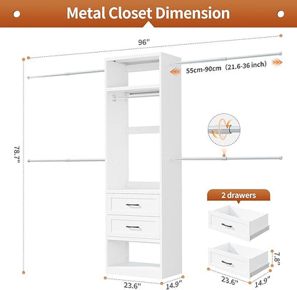 78.7" H Metal Closet System with 2 Drawers, 4.6-7.8 FT Closet Organizer with 5 Hanging Rods, Walk In Closet Organizer System, Built-in Wardrobe Clothes Rack