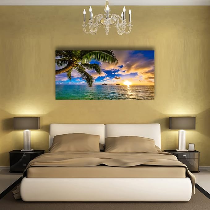 Seascape Sunset Pictures Canvas Wall Art For Living Room Bedroom Wall Decor,Palm Wall Art Print Paitnings For Home Decor,Morden Artwork Coconut Tree Canvas Art Waterproof Ready To Hang-24x48 Inches
