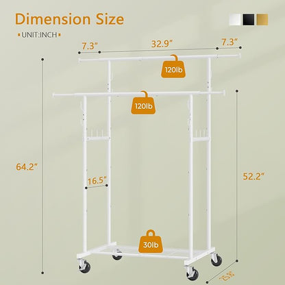 Double Rod Garment Rack, Heavy Duty Rolling Clothes Rack with Wheels For Hanging Clothes, Portable Metal Clothing Rack with Shelves,White, 64.2in Chrome