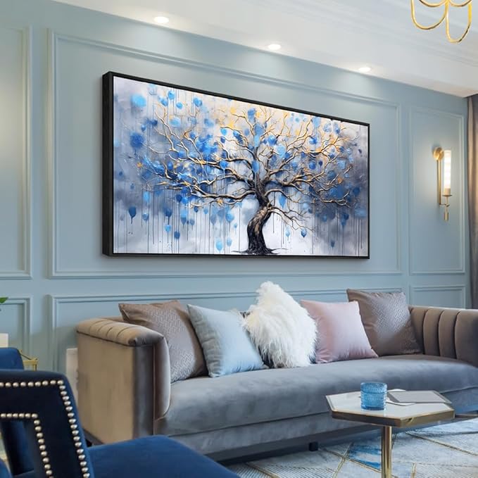 Wapluam Black Framed Canvas Wall Decorations For Living Room Wall Art For Bedroom Abstract Office Blue Tree Scenery Wall Pictures Modern Home Decor Stretched And Framed Ready To Hang Room Artwork
