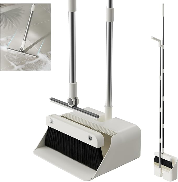 Magic Broom and Dustpan Set with Silicone Broom Squeegee, 55'' Broom with Dustpan Combo Set Self-Cleaning Teeth Design Upright Standing Dustpan for Indoor Floor Home Kitchen