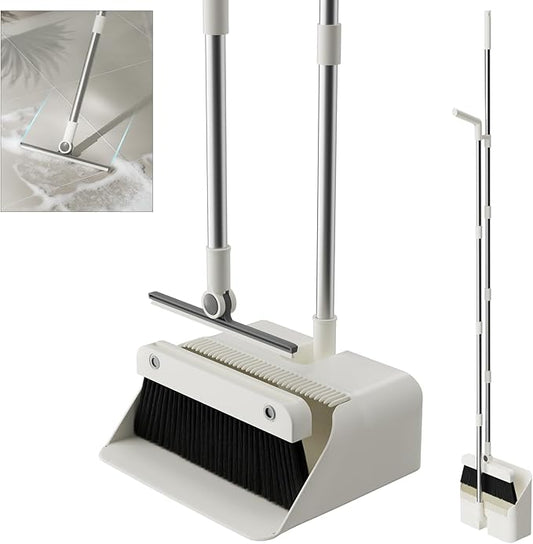 Magic Broom and Dustpan Set with Silicone Broom Squeegee, 55'' Broom with Dustpan Combo Set Self-Cleaning Teeth Design Upright Standing Dustpan for Indoor Floor Home Kitchen