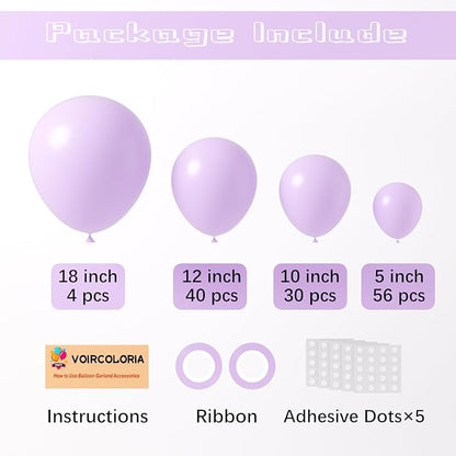 130pcs Pastel Purple Balloons Different Sizes 18" 12" 10" 5" Light Purple Latex Balloon Garland Arch Kit for Birthday Baby Shower Graduation Wedding Gender Reveal Party Decorations