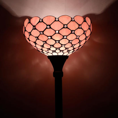 WERFACTORY Tiffany Floor Lamp Pink Stained Glass Pearl Bead Light 12X12X71 Inches Torchiere Standing Corner Torch Uplight Decor Bedroom Living Room Home Office S005P Series