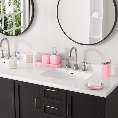 Pink Bathroom Accessory Set, Plastic Bathroom Set with Tray, Soap Dispenser, Toothbrush Holder, Toothbrush Cup, Soap Dish, Toilet Brush, Trash Can and Q-tip Holders for Bathroom/Housewarming