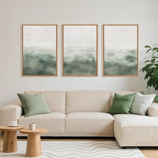 Large Abstract Sage Green Framed Canvas Wall Art,Neutral White and Grey Wall Decor,Modern Pastel Wall Painting,Illustrations Artwork for Living Room,Bedroom,Dining Room,Office -24"x36"x3