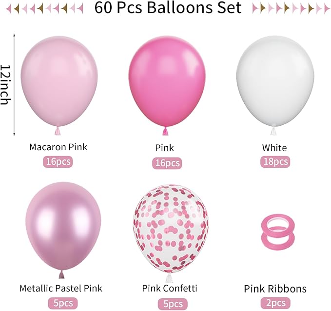 FunHot Funhot Pink Balloons, 60Pcs Pastel Pink Pearl White Latex Balloons, 12 Inch Metallic Pink Confetti Balloons Helium for Girls Princess Birthday Baby Shower Wedding Party Decorations