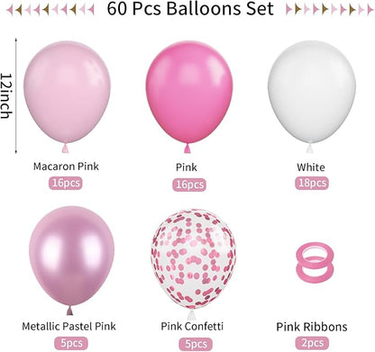 FunHot Funhot Pink Balloons, 60Pcs Pastel Pink Pearl White Latex Balloons, 12 Inch Metallic Pink Confetti Balloons Helium for Girls Princess Birthday Baby Shower Wedding Party Decorations