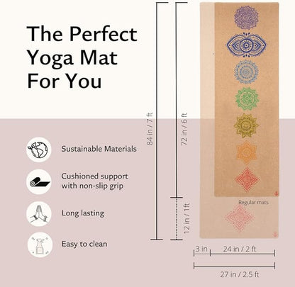 Shakti Warrior Chakra Cork Yoga Mat - Extra Long & Wide, Non Slip, Non Toxic, Great for Yoga, Pilates & Workout (84 x 27 x 2mm Thick)
