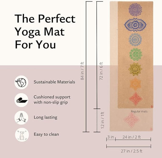 Shakti Warrior Chakra Cork Yoga Mat - Extra Long & Wide, Non Slip, Non Toxic, Great for Yoga, Pilates & Workout (84 x 27 x 2mm Thick)