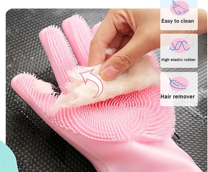 1 pairs Silicone Dishwashing & Pet Grooming Gloves - 2-in-1 Heat Resistant Gloves with High-Density Teeth, Enhanced Five Finger Design for Bathing, Cleaning Dishes, Cars, Dogs & Cats (Pink)