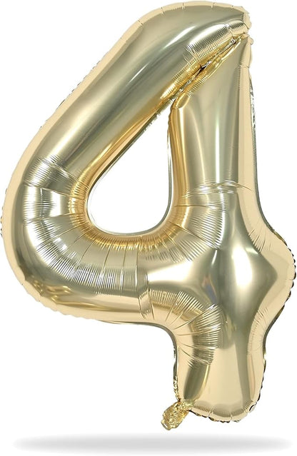 Champagne Gold Foil Balloon Number 4, 40'' Giant Self Inflating Number Balloons Set 0-9, Large Light Gold Number 4 Helium Balloon for Girls Boys 4th Birthday Anniversary Party Decorations Supplies