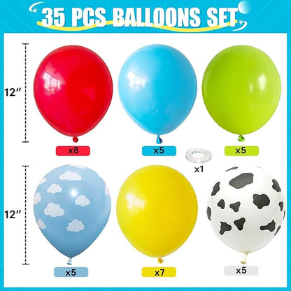 Toy Inspired Story Balloons, 12 Inch Cow Print Sky Blue Cloud Balloons Red Blue Yellow Green Balloons for Kids Boys Birthday Party Farm Themed Party Decorations