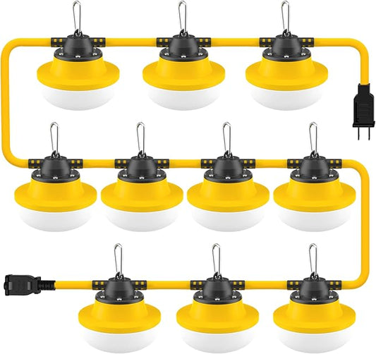 Construction String Lights 100FT with 10 Bulbs 100W 14000Lm Industrial LED String Work Lights 5000K Super Bright Temporary Lighting,for Construction Sites,Renovation, Jobsite,and All Outdoor Lighting