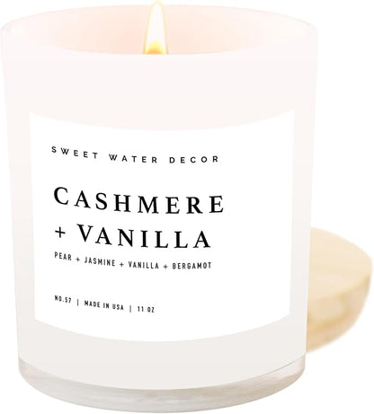 Sweet Water Decor Cashmere and Vanilla Soy Candle - Soft Cashmere, Sandalwood, Jasmine, and Vanilla Scented Candle for Spring - 11oz White Jar and Wood Lid, 50+ Hour Burn Time, Made in The USA