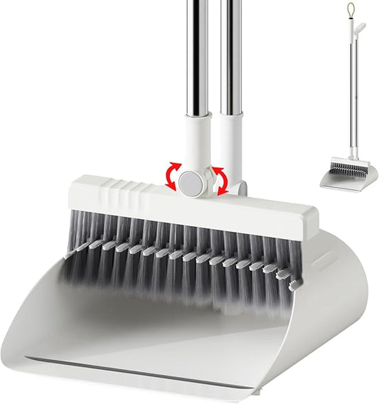 Upgrade Broom with Dustpan Combo Set, Broom and Dustpan Set with Adjustable Handle，Self-Cleaning Dustpans Teeth for Home Kitchen Office Hall Floor，ZeroGap Lip （White&Grey）