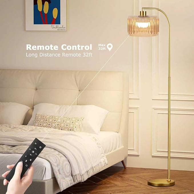 Gold Floor Lamp for Living Room,Bedroom,Mid Century Modern Standing Lamp with Remote,Dimmable Brass Tall Lamp Glass Lamp Vintage Retro Arc Floor Lamps Flower Floor Light Boho Bohemian