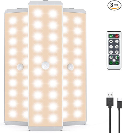 LED Closet Light, 20LEDs Rechargeable Motion Sensor Under Cabinet Lighting, Stick-Anywhere Night Safe Light Bar for Wardrobe,Kitchen-3 Pcs,Warm White