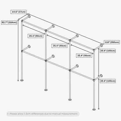 Industrial Pipe Clothing Rack, Heavy Duty Wall Mounted Clothes Rack,Retail Display Hanging Garment Rod for Laundry Rooms, Closet Storage, 14.6x110x82.7 Inches, Model K04