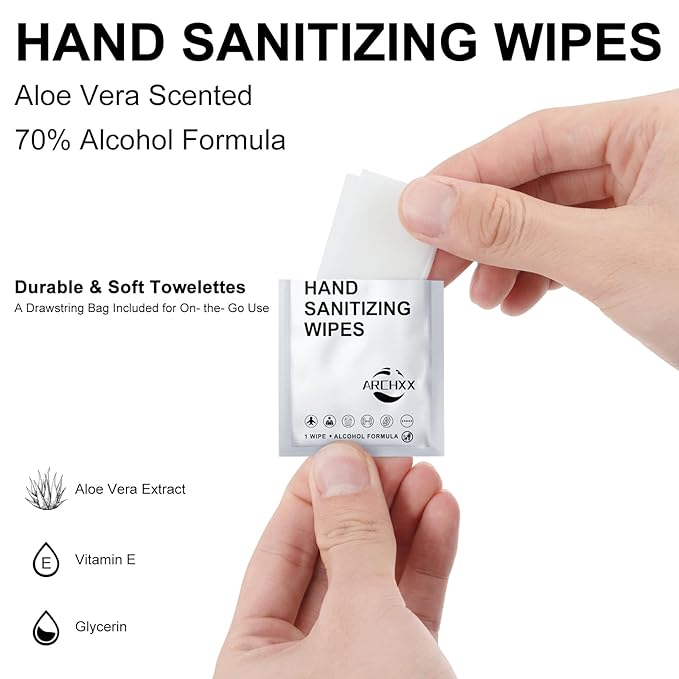 Hand Sanitizer Wipes, 100 Count Non-Woven Hand Wipes Travel Size, Aloe Vera Scent, 70% Alcohol, Individually Wrapped, Sanitizing for Home, Office & Outdoor, Drawstring Bag Included