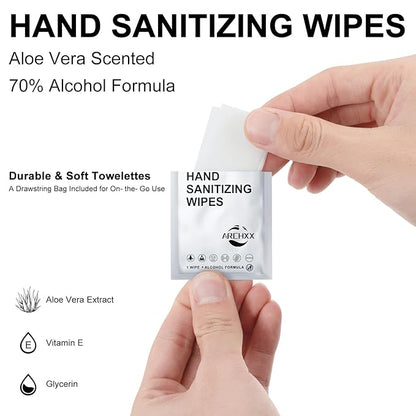 Hand Sanitizer Wipes, 100 Count Non-Woven Hand Wipes Travel Size, Aloe Vera Scent, 70% Alcohol, Individually Wrapped, Sanitizing for Home, Office & Outdoor, Drawstring Bag Included