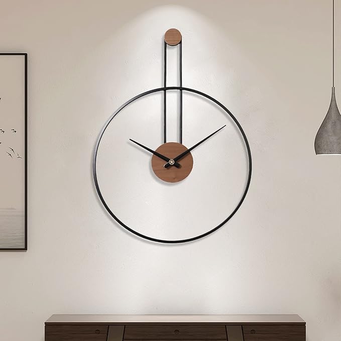 YISITEONE Large Decorative Wall Clock for Living Room,Metal & Walnut Dial Home Decor Silent Non Ticking Lightweight Clocks for Bedroom, Farmhouse, Office Decorations, 28.7''×21.6'',Black