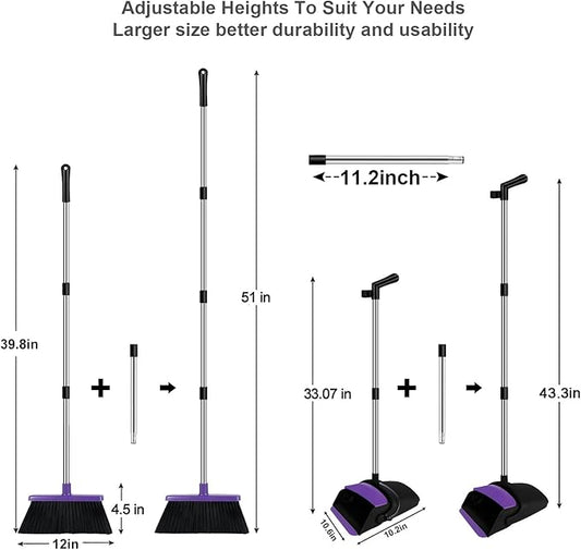 Broom and Dustpan Set, Upright Purple Broom with Dustpan Combo Set 51" Long Handle, Self Cleaning Dust Pan for Home, Kitchen and Office