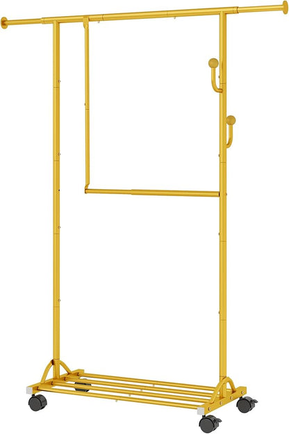 FAVOOSTY Clothes Rack for Hanging Clothes, Rolling & Extending Clothing Rack with Wheels, Garment Coat Rack Freestanding, Portable Closet Organizers and Storage Laundry Room Bedroom, Gold