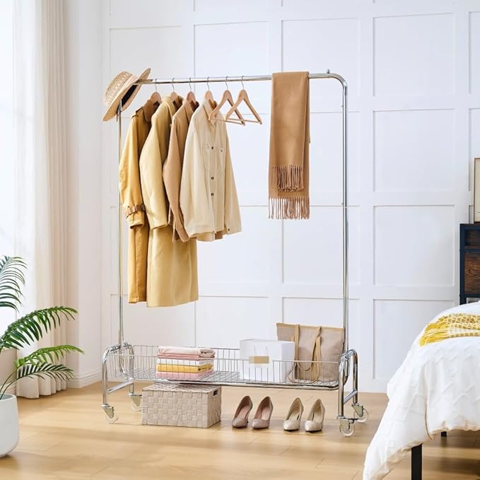 Garment Rack with Basket & Wheels, Rolling Clothes Rack for Hanging, Organizing, and Transporting Clothes at Home or Laundry Room