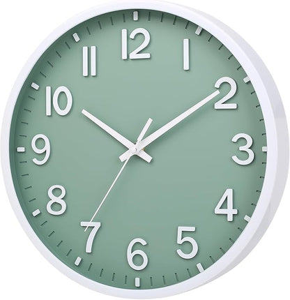 Wall Clocks Battery Operated 12 inch Modern Wall Clock,Silent Non Ticking Wall Clock for Living Room Bedroom Kitchen Office Classroom Decor (Green White)