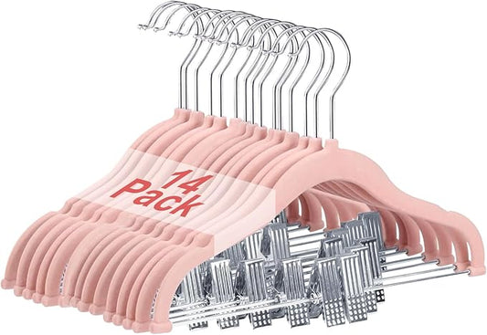 Baby Clothes Hangers with Clips, 14 Packs Kids Velvet Clothes Hangers, Heavy-Duty Childrens Hangers, Storage Organizer Clothing Hangers for Shirts, Pants, Skirts, Dresses, Jackets, Coat Pink